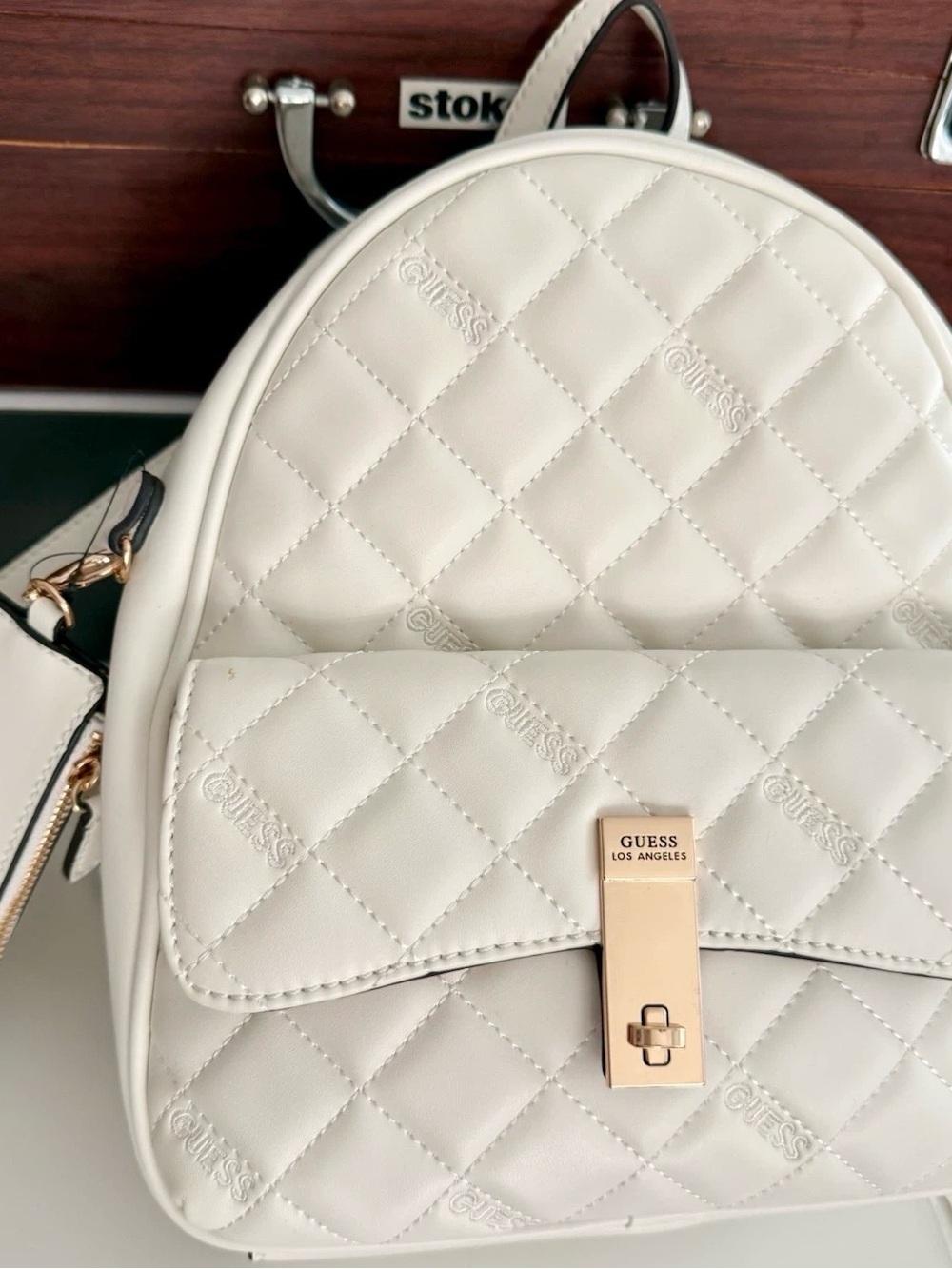 GUESS White Quilted Mini Backpack with Gold-Tone Clasp